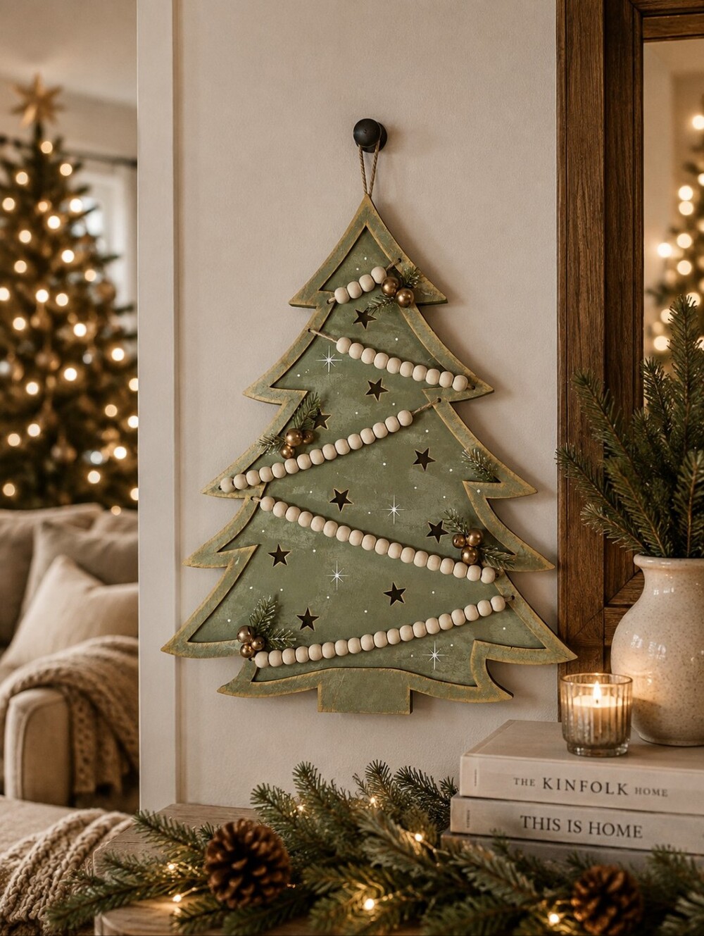 Craft DIY Wooden Christmas Tree Wall Decor Beaded Rustic Farmhouse Holiday